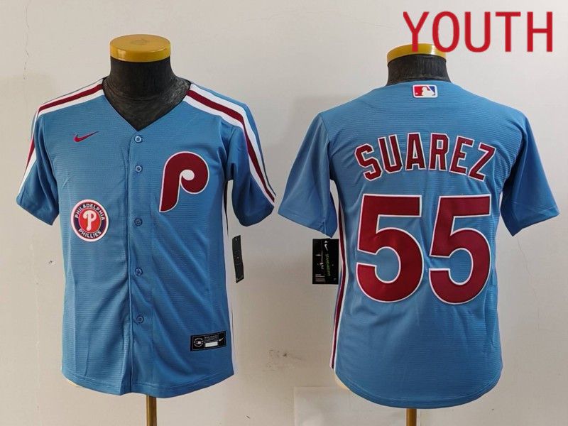 Youth Philadelphia Phillies #55 Suarez Blue Throwback 2024 Nike MLB Jersey style 3